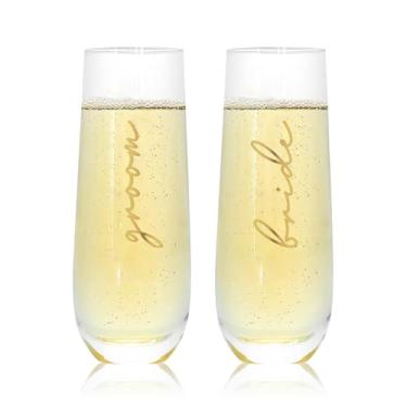 Imagem de HubbyWifeyGifts Conjunto de 2 taças de champanhe sem haste de casamento Mr and Mrs, presentes para noivas e noivos, taças de vinho sem haste de cristal