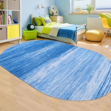 Imagem de USTIDE Tapete grande azul para crianças, oval, 1,7 m x 18 m, moderno, lavável, tapete listrado para quarto, sala de estar, tapete abstrato antiderrapante para cabeceira e quarto de crianças