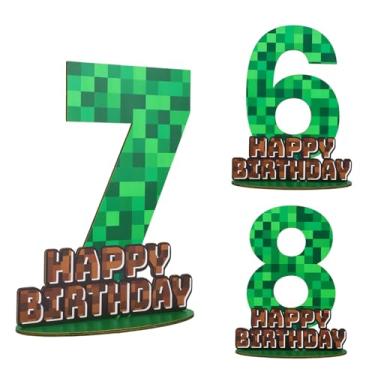 Imagem de Centro de Mesa com Placa Aniversário em Formato Pixel, Decoração de Mesa Madeira Verde e Marrom com Base Decoração Criativa para Festa Aniversário (Número 7)