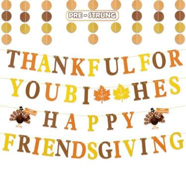 Imagem de Faixa de pré-montagem Happy Friendsgiving Banner Gold Glitter Thankful For You Banners Turkey Maple Leaves Garland Sinais Outono Engraçado Decoração de Ação de Graças Manto Lareira Interior Casa