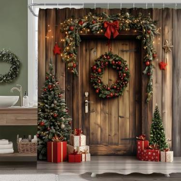 Imagem de YSATNSFT Farmhouse Cortina de chuveiro de Natal rústica porta de celeiro árvores de Natal país férias tecido decoração de banheiro conjunto com ganchos, (177.8 cm WX70 H)