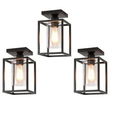 Imagem de IHENGYANLT Pacote com 3 lâmpadas de teto semiembutidas, luminária de teto com moldura de metal preta com sombra de vidro transparente, luminária de fazenda para cozinha, ilha, entrada, varanda e foyer