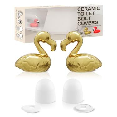Imagem de boeemi Tampas de parafuso de vaso sanitário decorativas - 2 peças de tampas de parafuso de banheiro de flamingo douradas decoração de banheiro de cerâmica com 2 tampas redondas de plástico