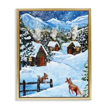 Imagem de Stupell Industries Snowy Christmas Cabins Trio Gold Framed Floater Canvas Wall Art, design por Patricia Reynolds, 21 x 17