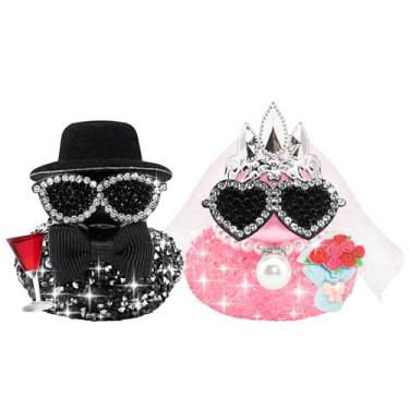 Imagem de wonuu Conjunto de pato de borracha para casamento cravejado de diamantes brilhantes, noivo segurando taças de vinho noiva com um buquê de strass brilhante, conjunto de patinhos estilo 2