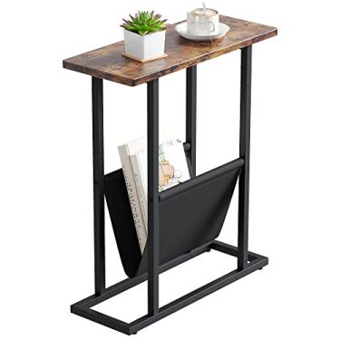 Imagem de Mesa lateral estreita para espaços pequenos, mesa de canto pequena com suporte de revista, mesa fina e fina para sala de estar, quarto, sofá, marrom rústico