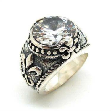 Imagem de Anel Templário Brilhante Flor de Lis Genuina Prata de Lei 20173 Cz - U