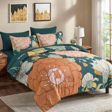 Imagem de DJY Conjunto de edredom Queen com 7 peças, verde floral, conjunto de edredons boêmios com lençóis, microfibra macia, botânica, casa de fazenda, para todas as estações (222 x 239 cm)