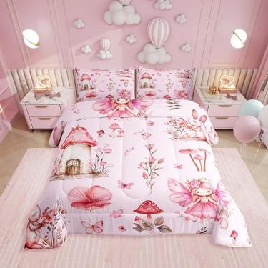 Imagem de Erosebridal Conjunto de edredom solteiro de jardim de fadas rosa - Conjunto de cama floral de cogumelo para meninas e crianças, colcha de coelho com borboleta rosa | Decoração de quarto de fadas