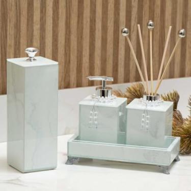 Imagem de KIT LAVABO COMPLETO EFEITO MÁRMORE COM PORTA ESCOVA DE DENTE BANDEJA 20X10 (PRATA COM BRANCO)