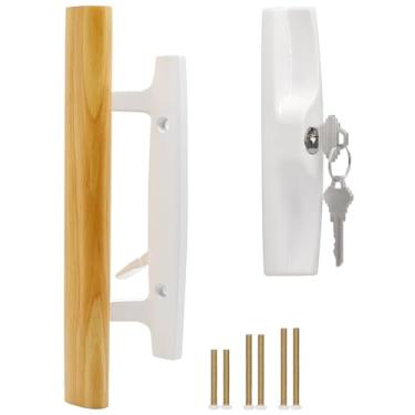 Imagem de TPard Conjunto de puxadores de porta de pátio de vidro deslizante com cilindro de chave, adequado para trava de encaixe de 45° não incluída, puxadores internos de madeira de carvalho e puxador externo