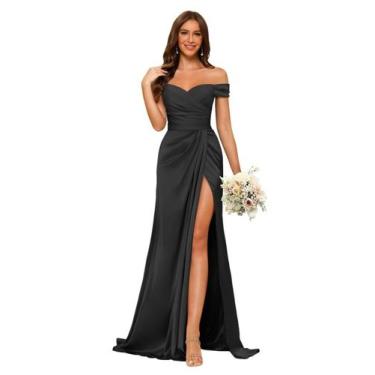 Imagem de Vestido de dama de honra Dessiny Black Satin Off Shoulder Mermaid