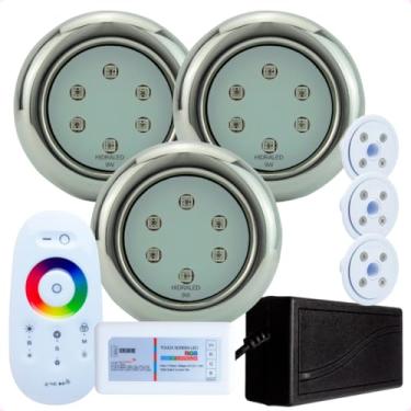 Imagem de Hidraled Kit Iluminação LED RGB para Piscina, 3 Refletores 9W Inox Mini, 3 Nichos para piscina de Vinil, Controle Remoto Touch