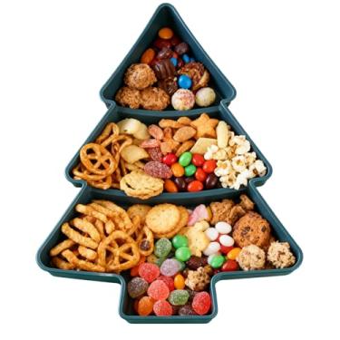 Imagem de Bandeja de servir em forma de árvore de Natal, bandeja de servir de árvore de Natal de plástico, 3 compartimentos, pratos reutilizáveis para lanches de férias, aperitivo, frutas, doces, suprimentos de