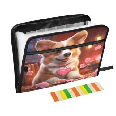 Imagem de Wassud Valentine Corgi (2) Organizador de arquivos sanfonado com 13 bolsos com abas e adesivos, organizador de pastas de documentos de recibo de papel tamanho carta A4 para viagens de escritório