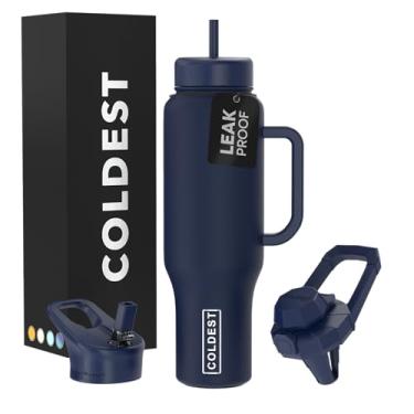 Imagem de Copo Coldest com alça e canudo - Copo isolado 100% à prova de vazamento com tampa e canudo (3 tampas) - Copos de aço inoxidável para mulheres e homens - Base compatível com porta-copos, 1,304 g