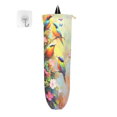 Imagem de xigua Suporte de parede para saco de plástico de pássaros coloridos com cordão, pacote com 2, organizador de sacolas de compras reutilizáveis para bolsas, meias, roupas íntimas e gravatas