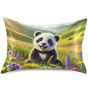 Imagem de Capas de almofada de cetim Happy Panda Wildflower Meadow para resfriamento de cabelo, capa de travesseiro padrão King Queen, decoração de cama de casa floral, tamanho Queen, 76 cm x 50 cm