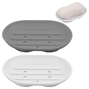 Imagem de 2 peças saboneteira de silicone suporte de saboneteira com orifício de drenagem oval, antiderrapante para chuveiro, cozinha, bancada, banheiro (cinza e branco)