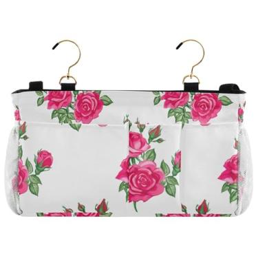 Imagem de TSENQUE Lush Pink Roses Leaves White Dorm Bed Caddy Hanging Custom Organizer Bed Pocket Bedside Remote Holder