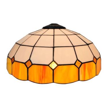 Imagem de Cúpula de reposição Tiffany, 40 cm (16 polegadas), em vitral, feita à mão, estilo retrô mediterrâneo, com detalhes em rosa, ideal para abajures de mesa, de chão e de teto, na cor amarela.