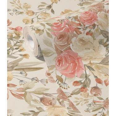 Imagem de HomKihapai Papel de parede de contato rosa floral rosa rosa papel de parede floral rosa papel de parede vintage autoadesivo para armários e gavetas papéis de parede de banheiro (creme macio, 44 x 299