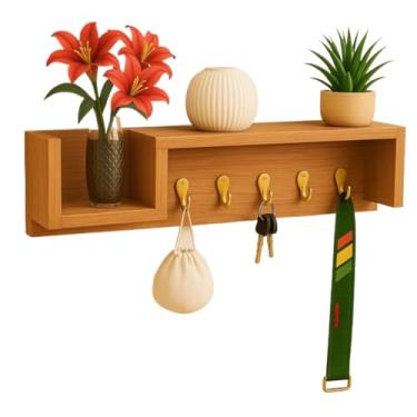 Imagem de Porta Chaves Decorativo em MDF com Prateleira Multiuso Com Suporte de Celular - Ideal para Entrada, Sala ou Escritório(Amadeirado)