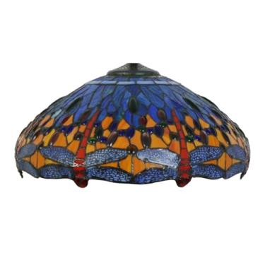 Imagem de Cúpula de abajur Tiffany com libélula, 45,7 x 22,9 cm (18 x 9 polegadas), em vitral, nas cores verde, azul, laranja, amarelo e vermelho. Ideal para abajures de mesa, de chão e pendentes. Cor