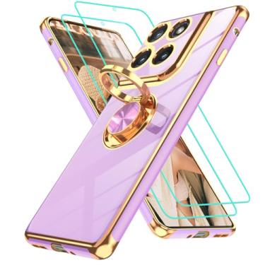 Imagem de Gritup Capa para Moto-Edge-2025: Capa Motorola Edge 2025 | 2 peças de protetor de tela, suporte magnético de rotação de 360°, suporte magnético com borda dourada, capa protetora de TPU macio, roxo