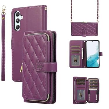 Imagem de Capa carteira para Samsung Galaxy S25 FE, bolsa flip de couro com zíper com suporte para cartão, capa de telefone à prova de choque com fivela magnética com corda de mão e corrente de couro para