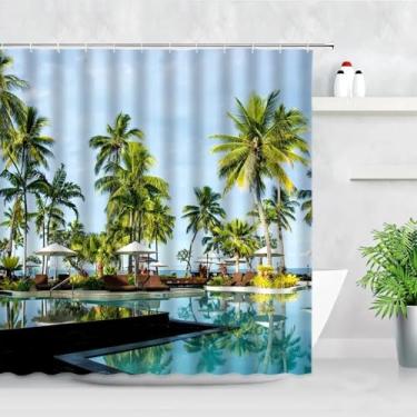 Imagem de Cortinas de chuveiro de praia à beira-mar, palmeiras tropicais, planta, oceano, Havaí, férias, paisagem natural, cortina de banho, decoração de banheiro, 203 x 183 cm/LxA, cortina de chuveiro de