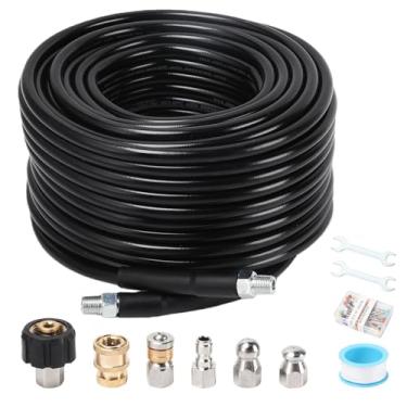 Imagem de Kit de jateador de esgoto para lavadora de pressão, mangueira de limpeza de drenagem de 3 m com bicos giratórios de canto e nariz de botão, conjunto de bicos de jato de esgoto NPT de 0,6 cm com chave