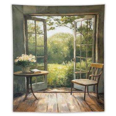 Imagem de Tapeçaria com vista de jardim brilhante portas francesas abertas flores de mesa de jardim verde estilo pintura a óleo decoração rústica de casa para quarto sala de estar ambiente fresco tapeçaria 70 x