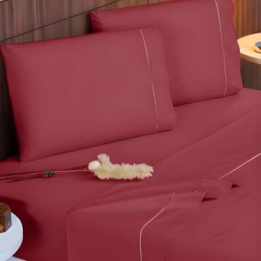 Imagem de Jogo de Lençol Queen 4 Peças 400 Fios Micropercal Toque de Seda Lençol com Elástico Fronhas Ponto Palito(vermelho)