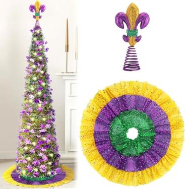 Imagem de PullCrease 4 peças de 1,5 m Pop up Mardi Gras Tinsel Tree com árvore artificial leve dobrável com enfeite de saia de lantejoulas para decoração de festa de carnaval
