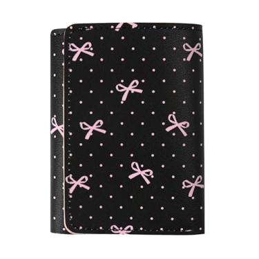 Imagem de Carteira feminina de três dobras com laço, porta-cartões bonito estilo coreano e porta-moedas para identidade, dinheiro, chaves, Preto, Minimalista e elegante