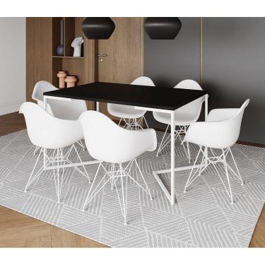 Imagem de Mesa Industrial Jantar Preta 137X90Cm Base V Com 6 Poltronas Brancas Ferro Branco Preto
