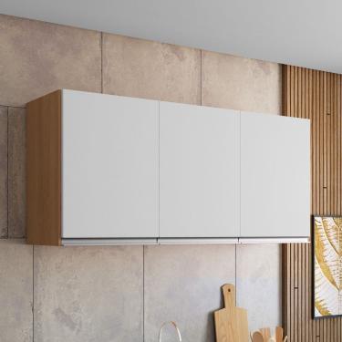 Imagem de Armário Aéreo Cozinha Andréia 120cm 3 Portas Multiuso MDP Amêndoa Branco - Desk Design