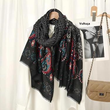 Imagem de Xale De Inverno Com Estampa Azteca Floral E Franjas, Pashmina 180x90cm