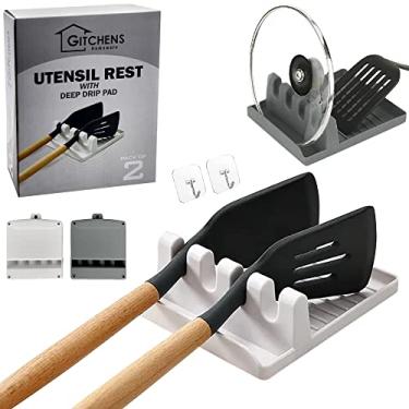 Imagem de Gitchens Descanso de utensílios e colher premium com almofada de gotejamento profundo e suporte de tampa de panela | Suporte de cozinha para utensílios e colheres para uma grelha limpa, fogão e cozinha | Pacote com 2 (branco e cinza) + ganchos para pendurar