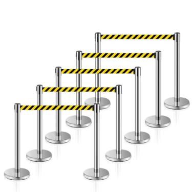Imagem de MICHELANGELO Kit 10 Pedestais Premium Organizador Separador de Fila Cromado com Fita Retrátil Zebrada 2 Metros Anti-Oxidante