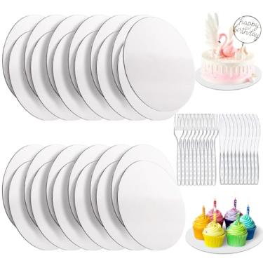 Imagem de Conjunto de tábuas de bolo, 25 peças - 25 peças - 25 polegadas, 10 peças de garfos de plástico de 17 cm/17 cm, conjunto de colheres e facas para bolo faça você mesmo, sobremesa e artesanato (branco)