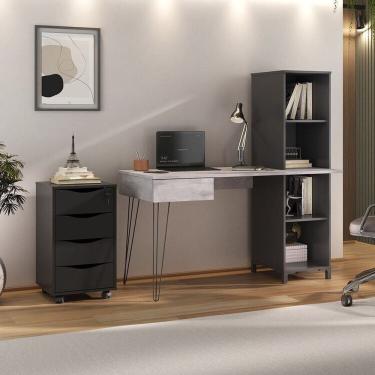 Imagem de Kit 2 Peças com Escrivaninha no Estilo Industrial Fusion com 4 Nichos e Gaveteiro 4 Gavetas Bit Concreto/Preto