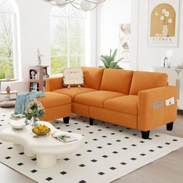 Imagem de ZeeFu Sofá secional conversível, conjunto de sofá clássico de 3 lugares em forma de L com otomano móvel, sofá pequeno estofado de veludo laranja moderno para pequeno apartamento, sala de estar,