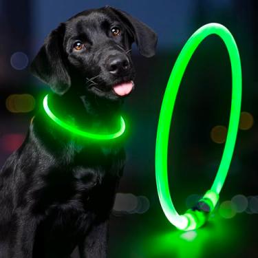 Imagem de Domagiker Coleira LED para cães – coleira para animais de estimação iluminada à prova d'água, recarregável para noite, coleira de poliuretano termoplástico para cães pequenos, médios e grandes (verde)