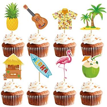 Imagem de Mulukaya 24Pcs Hawaiian Aloha Cupcake Toppers Tropical Luau Pineapple Flamingo Surfboard Tiki Bar Ukulele Coconut Tree Treat Cake Picks for Summer Hawaii Beach Birthday Party Decorations