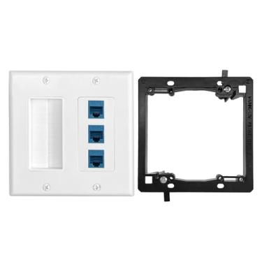 Imagem de ANONION Placa de parede com 2 escovas e Ethernet Cat6 de 3 portas, conector Keystone RJ45 azul com suporte de montagem de baixa tensão para HDMI, coaxial, Ethernet, fios de alto-falante, cabos de