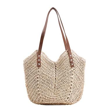 Imagem de ZNMDOK Bolsa feminina de palha, bolsa de praia de verão, grande, rede de pesca, bolsa de ombro, Bege, Round