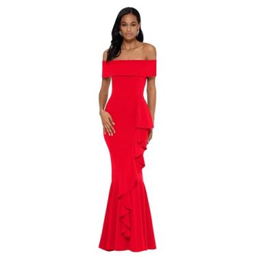 Imagem de Betsy & Adam Vestido feminino longo de crepe com babados em cascata e ombros de fora, Vermelho, 40