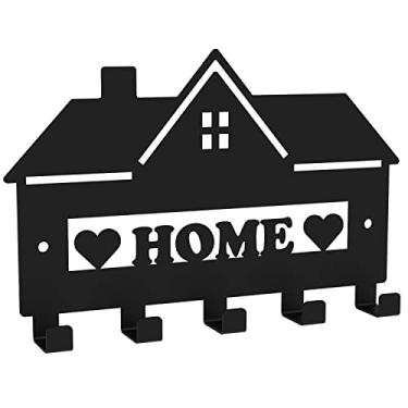 Imagem de decorelax Porta-chaves de metal preto com tema Sweet Home para porta-chaves de parede com 5 ganchos para pendurar porta-chaves guarda-chuva (modelo-2)